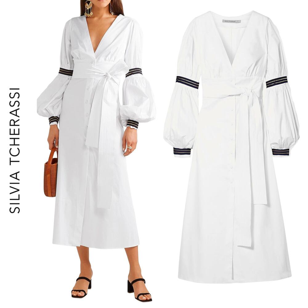 NWT Silvia Tcherassi Balloon Sleeve Poplin Midi Dress, White, Sz XS